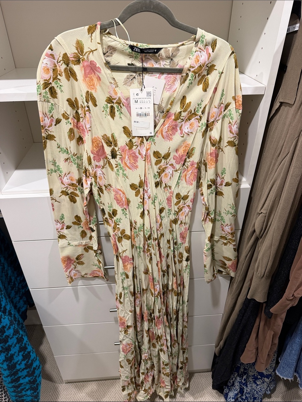 Zara Floral V-Neck Long Sleeve Maxi Dress in Cream and Pink